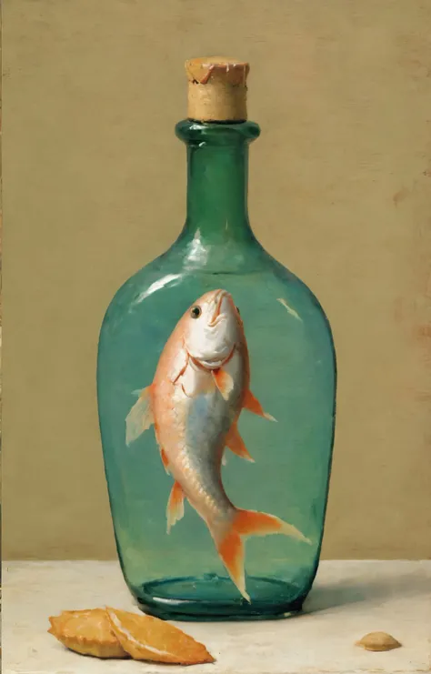 soft pastel-hued colors, (impasto, visible brush strokes:2), a fish swimming in a bottle, high quality, simple geometrical background, by Bougereau and Andr Breton