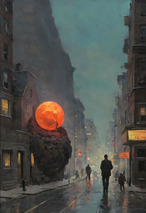 painting of a man walking down a street with a giant orange moon