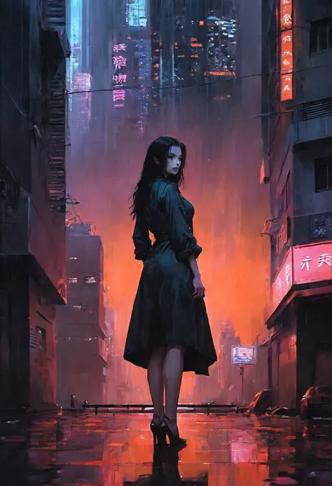 a woman in a black dress standing on a city street