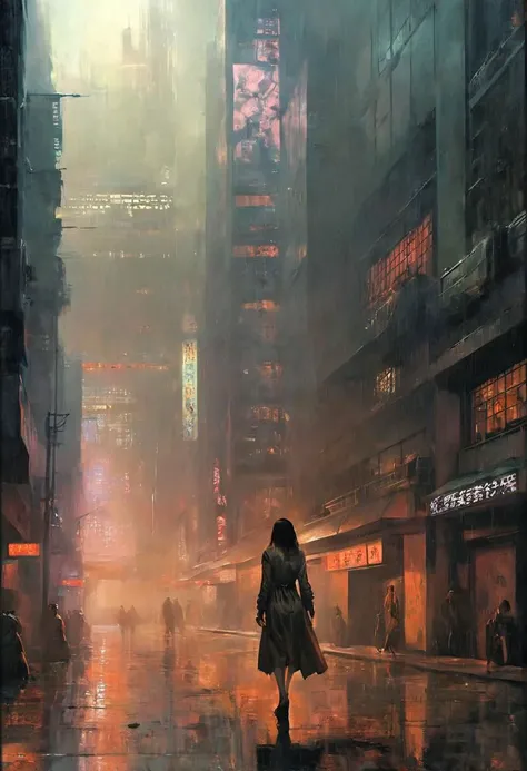 a painting of a woman walking down a street in a city