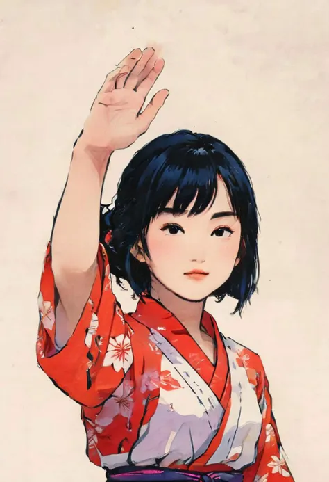 a close up of a woman in a kimono dress waving