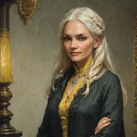 blonde 50 year old eastern european woman, platinum blonde, greying hair, hair half up half down, arms folded, fantasy character, green eyes, thin, evil smile, manipulative grin, gaunt cheeks, high cheekbones, perfect eyes, wearing noble clothing, elegant,...