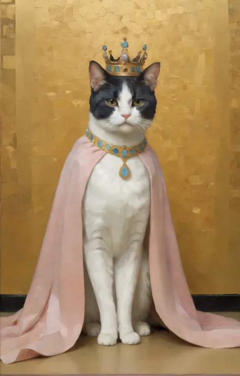 soft pastel-hued colors, (impasto, visible brush strokes:2), a regal victorian cat queen wearing a crown and cape, high quality, simple geometrical background, by Mret Oppenheim and Gustav Klimt