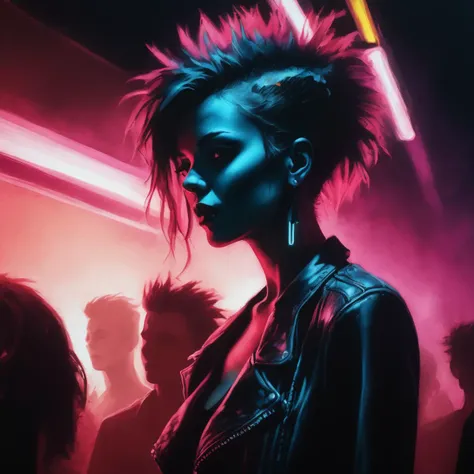 VtmArt, painting of a young woman with punk hair standing in a crowded nightclub next to the bar with neon lights, <lora:VtmArt:1>, (masterpiece:1.3), dynamic angle, dark shadows, painting, pencil, charcoal drawing