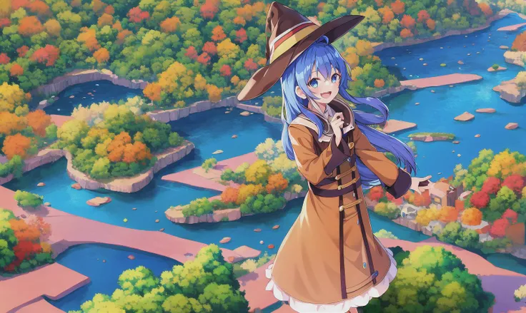 roxy migurdia, 1girl, ahoge, blue hair, bangs, brown coat, brown witch hat, crossed bangs, hair between eyes, long hair, long sleeves, standing to the right, looking at viewer, open mouth, blue eyes, smile, solo, standing, nearby river, beautiful scenery, ...