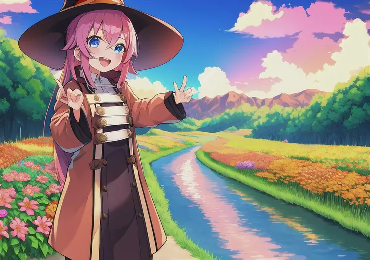 roxy migurdia, 1girl, pink hair, bangs, brown coat, brown witch hat, crossed bangs, hair between eyes, long hair, long sleeves, standing to the right, looking at viewer, open mouth, blue eyes, smile, solo, standing, nearby river, beautiful scenery, flowers...