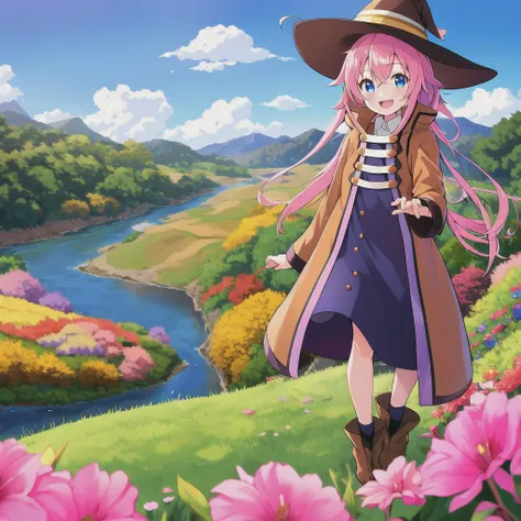 roxy migurdia, 1girl, ahoge, pink hair, bangs, brown coat, brown witch hat, crossed bangs, hair between eyes, long hair, long sleeves, standing to the right, looking at viewer, open mouth, blue eyes, smile, solo, standing, nearby river, beautiful scenery, ...