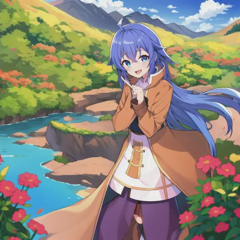 roxy migurdia, 1girl, ahoge, blue hair, bangs, brown coat, crossed bangs, hair between eyes, long hair, long sleeves, standing to the right, looking at viewer, open mouth, blue eyes, smile, solo, standing, nearby river, beautiful scenery, flowers, clouds, ...