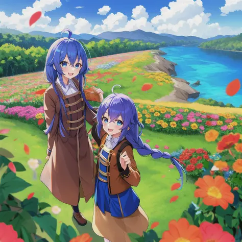 roxy migurdia, 1girl, ahoge, blue hair, bangs, brown coat, crossed bangs, hair between eyes, long hair, long sleeves, standing to the right, looking at viewer, open mouth, blue eyes, smile, solo, standing, nearby river, beautiful scenery, flowers, clouds, ...