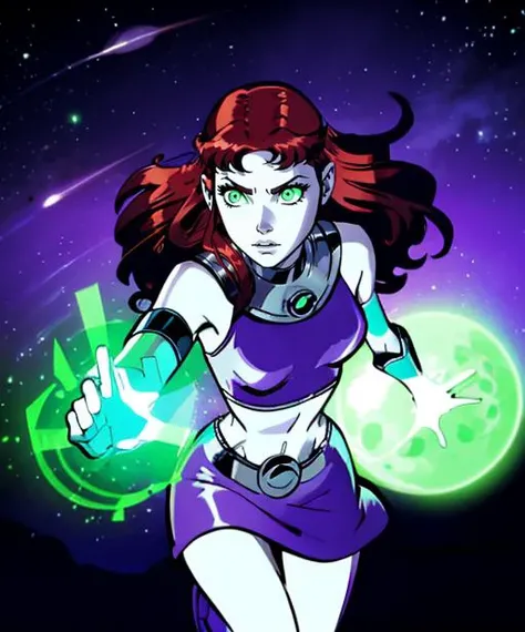 coloring book, line art, inked illustration, of pretty girl, <lora:DC_Starfire-DEF:0.75> starfire, cropped top, mini skirt, long red hair, glowing green eyes, dynamic, dramatic, flying in space, fighting scene, 2D, 1 bit, monochrome, vector graphic, outlin...