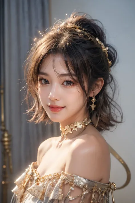 1girl,(bright red lips,blush,powder blusher:0.5),eyelash,black hair,(half updo:0.3),messy hair,make up,beautifully detailed big round dark brown eyes,double eyelid,supermodel,detailed skin,(smile,parted lips),looking at viewer,
huge breasts,off shoulder,(c...