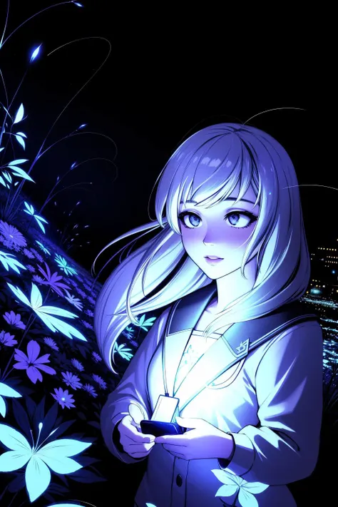 anime girl with long white hair and blue eyes holding a cell phone