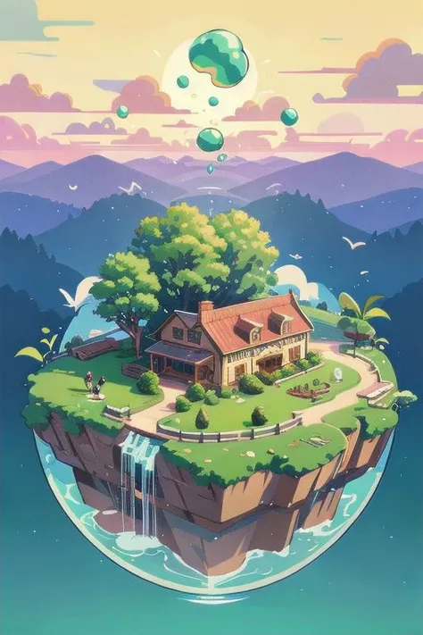 a cartoon house on a floating island with a waterfall