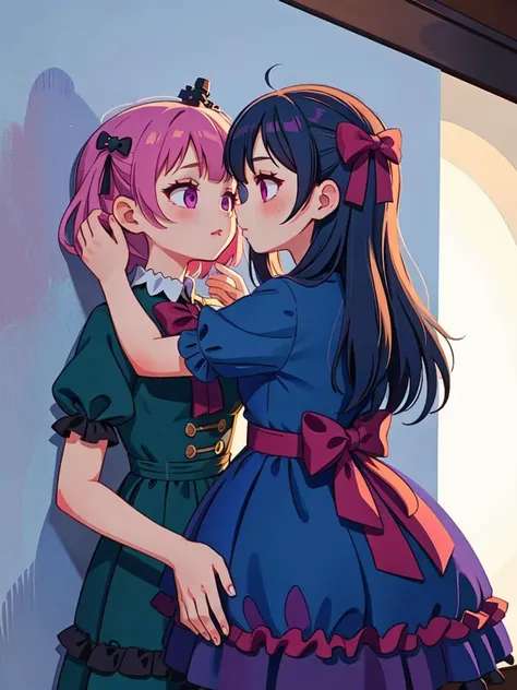 two anime girls in dresses hugging each other in front of a wall