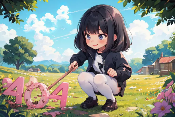 a girl kneeling down in the grass with a stick and a sign