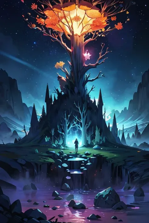 fire inside the crystal tree next to more crystal trees is an epic tree with a glowing cosmos, stars, galaxies, clouds, planets, sea inside.  hyperdetalization glass, soft light, glitter,professional photo, beautiful,3d, realistic, 64k, hyperrealism.  high...