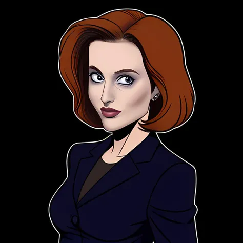 comic, catoon version of agentscully, woman, dark business dress, upper body, plain background, <lora:DanaScullySD_Wein:0.6>