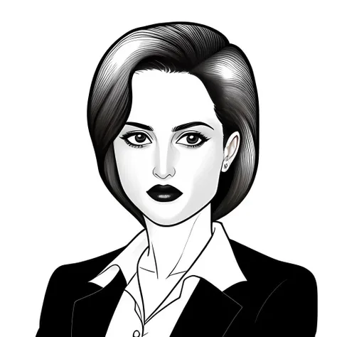 line art of agentscully, woman, dark business suit, upper body, white background, black and white, monochrome, 
<lora:DanaScullySD_Wein:0.6>