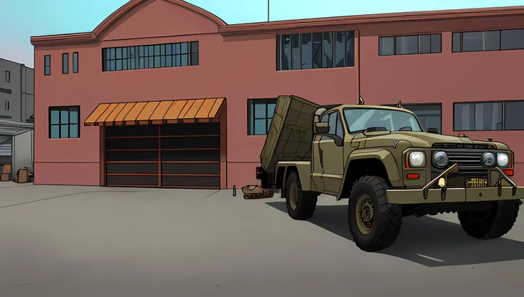 cartoon of a military truck parked in front of a building