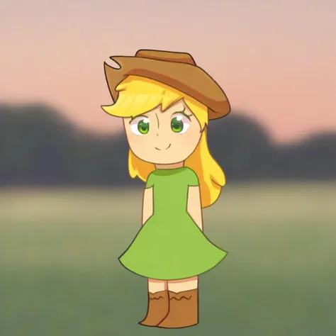 solo, 1girl, human, apple jack, blonde hair, green eyes, hat, brown headwear, green dress, outdoors, grass, smile,