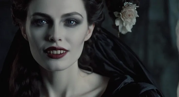 Dark Fantasy Art of (Cinematic Film stock footage style) in (arri alexa style) (Kodak film print style), hyperrealism
 <lora:Female Vampire:1>
Female Vampire a pale skin woman with a creepy smile and with a vampire makeup, dark, moody, dark fantasy style