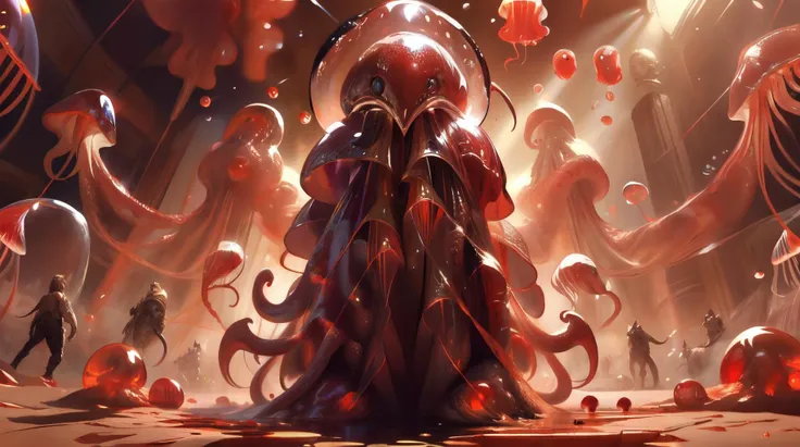 a close up of a person standing in a room with many octopus