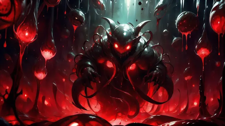 a red and black image of a demonic creature surrounded by red lights