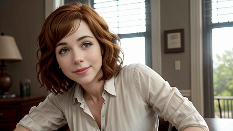 a closeup movie still of deniselastnamesd15, an english woman sitting in a chair wearing  a 1940s pencil skirt and unbuttoned sheer blouse, eye contact, (smiling:1.2), worried, furrowed brow, cleavage, brown hair