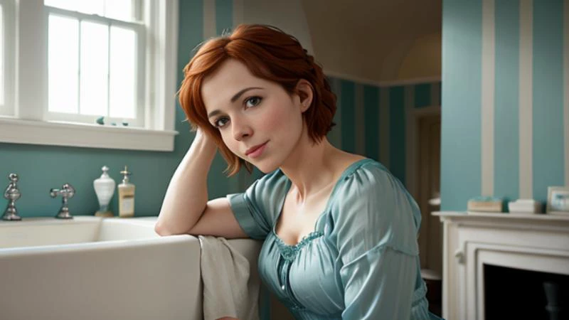 a medium shot side angle color movie still from (Lady Macbeth 2016) of a deniselastnamesd15 in a steamy victorian cottage bathroom with teal painted walls, wearing (silk pyjamas:1.2), (smiling:1.2), (looking directly at the camera)