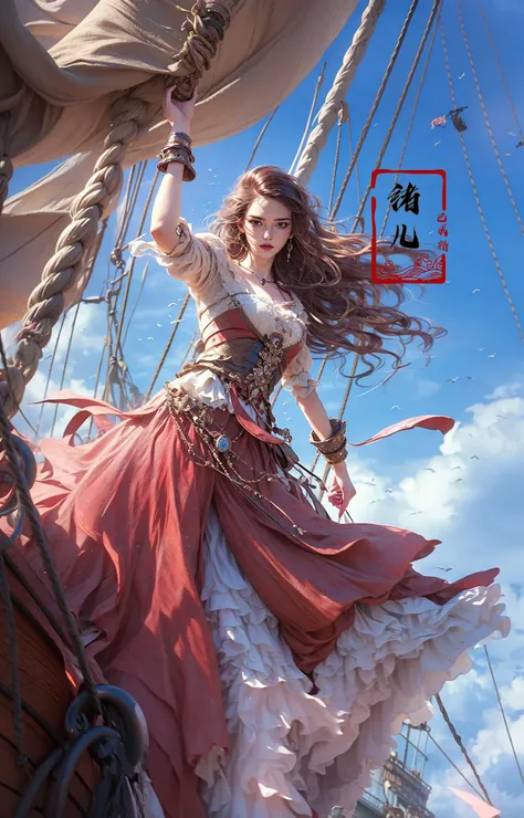 a woman in a dress is on a ship with a sword