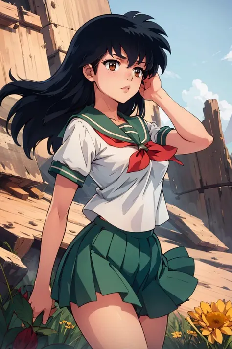 a woman in a sailor outfit standing in front of a mountain