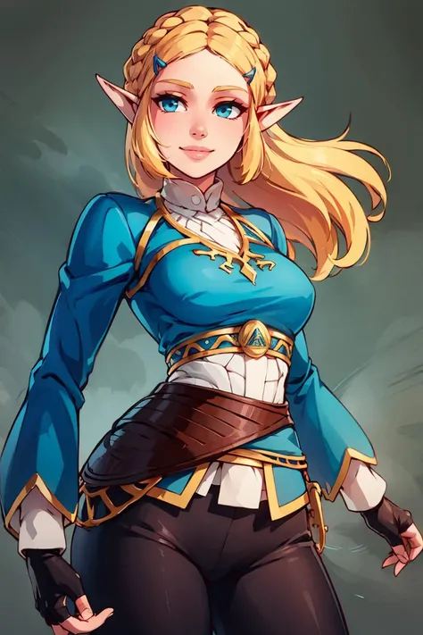 ((masterpiece,best quality)), aazelda, long hair, crown braid, hairclip, pointy ears, blue shirt, long sleeves, fingerless gloves, black gloves, black pants, tight pants, <lora:zelda_1:0.7>, smile,