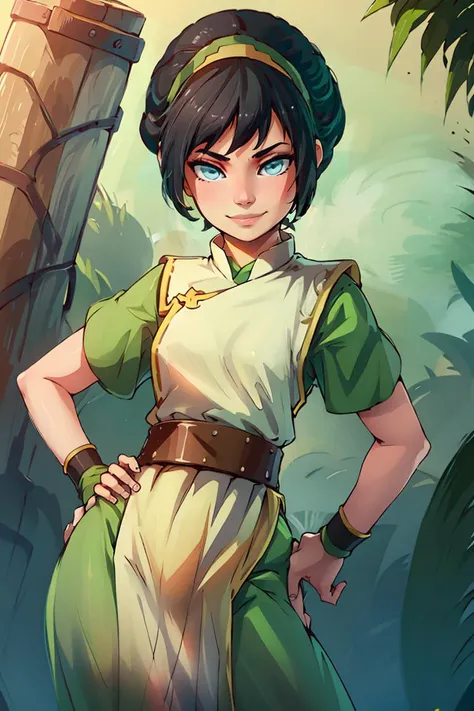 ((masterpiece,best quality)), <lora:toph_beifong_v1:0.75>, 1girl, solo, black hair, hairband, belt, short hair, dress, blue eyes, hair bun, green hairband, blind, chinese clothes, hair bun, green dress, short sleeves, cowboy shot, pelvic curtain,smile, han...