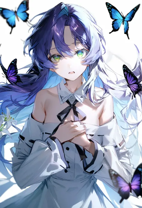 masterpiece, best quality,<lora:QUASARCAKE_XL_ANI31_lokr_V42310:0.95> 1girl, solo, long hair, flower, butterfly, bug, looking at viewer, white flower, floating hair, open mouth, white background, upper body, off shoulder, blue hair, bare shoulders, ribbon,...