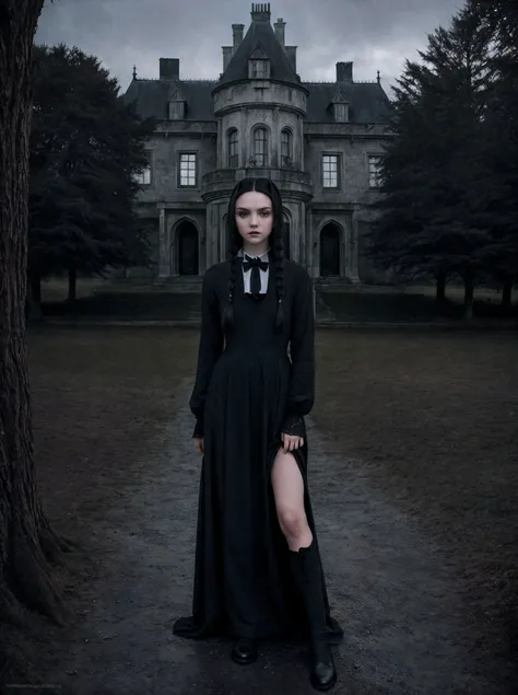 a woman in a black dress standing in front of a large building