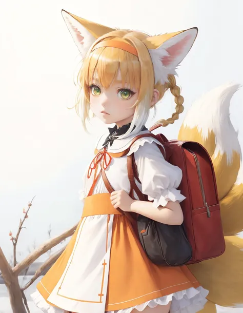 suzuran (arknights), blue ribbon, pantyhose, frilled dress, solo, orange dress, looking at viewer, green eyes, fox girl, short hair, school uniform, ribbon, cowboy shot, randoseru, multicolored hair, white sleeves, bag, thighhighs, orange hairband, multipl...