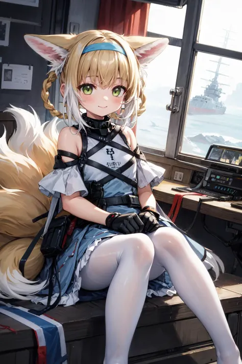 masterpiece,best quality,1girl,suzuran (arknights),suzuran main,hair rings,blue hairband,bare shoulders,purple dress,white pantyhose,gloves,earpiece,infection monitor (arknights),smile,sitting,gentle and quiet,hands on own knees,(battleship interior),scien...