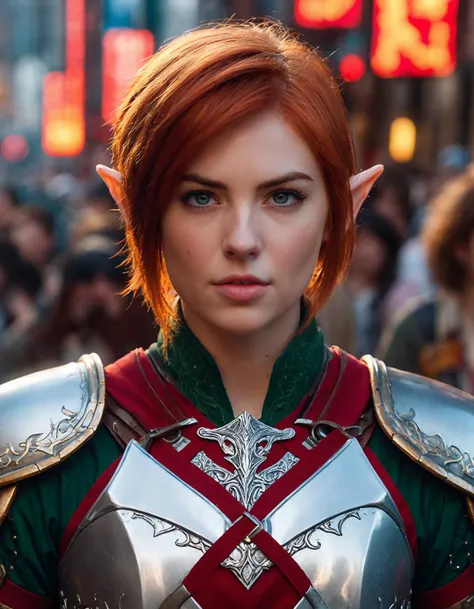 cinematic photo masterpiece, best quality, extremely detailed, intricate, elegant ((ohwx woman)) , cinematic, textured, detailed lighting, cute, half elf paladin, (short straight hair, red hair:1.15), (elf ears:1.13), (revealing armour:1.2) face focus, bus...