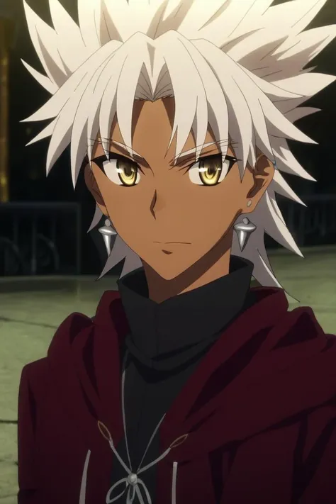 a close up of a person with white hair and yellow eyes