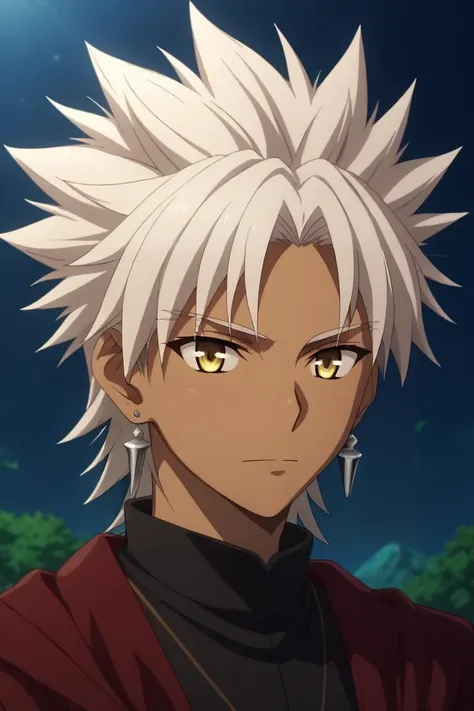 a close up of a person with white hair and yellow eyes