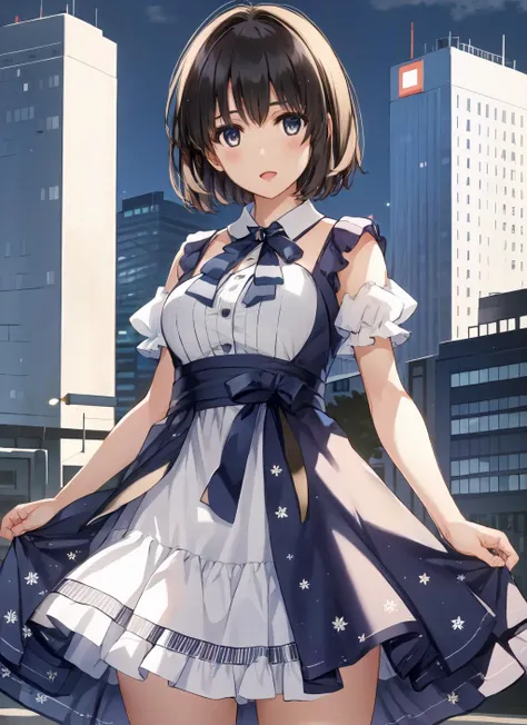 (masterpiece:1.2), (best quality:1.2) 1girl, solo, smile, standing, breasts, short hair, curly hair, city background, looking at viewer, :o, dress, <lora:misaki_kurehito-141:0.9>