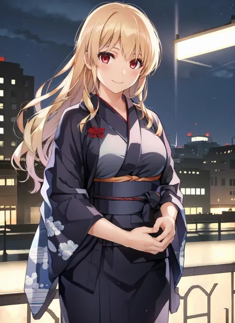 (masterpiece:1.2), (best quality:1.2) 1girl, solo, smile, standing, breasts, blonde, city background, red eyes, looking at viewer, yukata, <lora:misaki_kurehito-141:0.9>