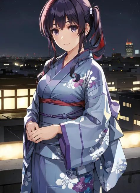 (masterpiece:1.2), (best quality:1.2) 1girl, solo, smile, standing, breasts, purple hair, twintails, city background, looking at viewer, yukata, <lora:misaki_kurehito-141:0.9>