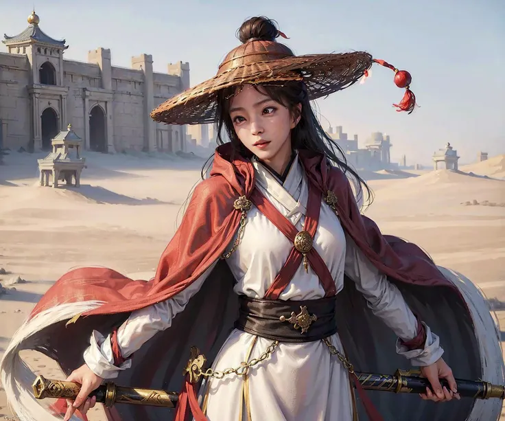 1girl dress like move The Flying Swords of Dragon Gate, Ancient Chinese fortresses background, city walls, cape, desert, snow, furry_coat, furry_cloak, snow, linen_clothes, bamboo_hat, masterpiece, best quality, 8k, photorealistic,  <lora:Han_Ye_Seul_v3:1>