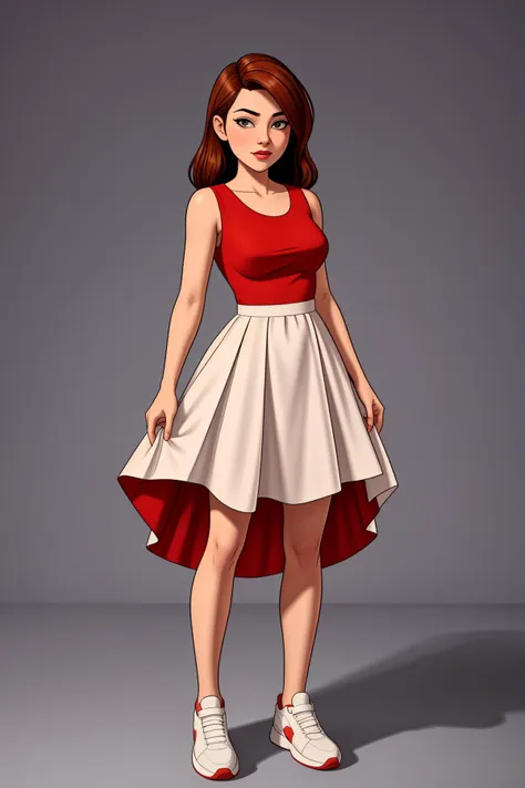 a cartoon girl in a red top and white skirt