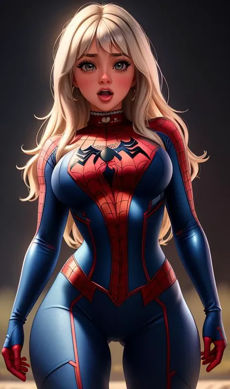 photo of a LexiDrew opening mouth, spiderman outfit, simple background, waist-up portrait, middle breasts, 
three-quarter figure portrait,
4k, UHD, eff0rtless_elixir