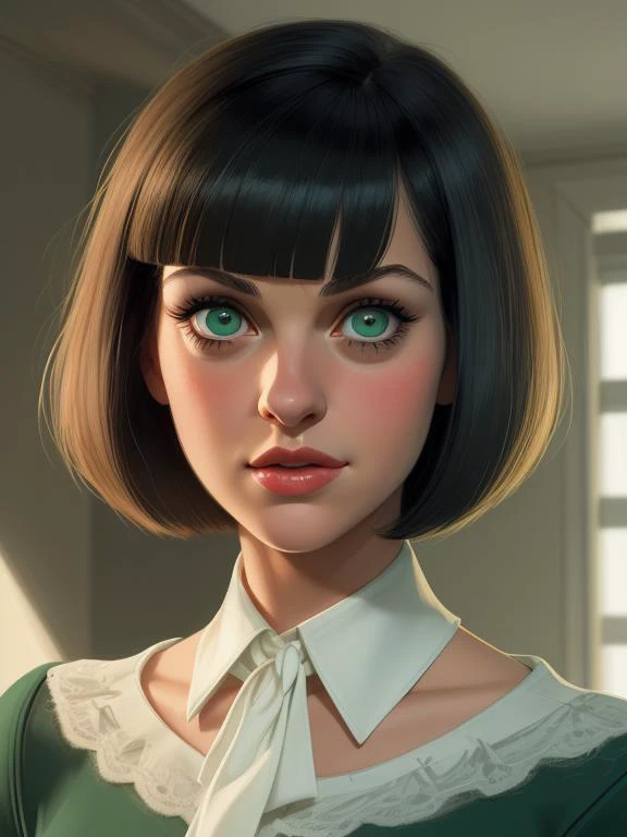 a woman with a green eyes and a white shirt