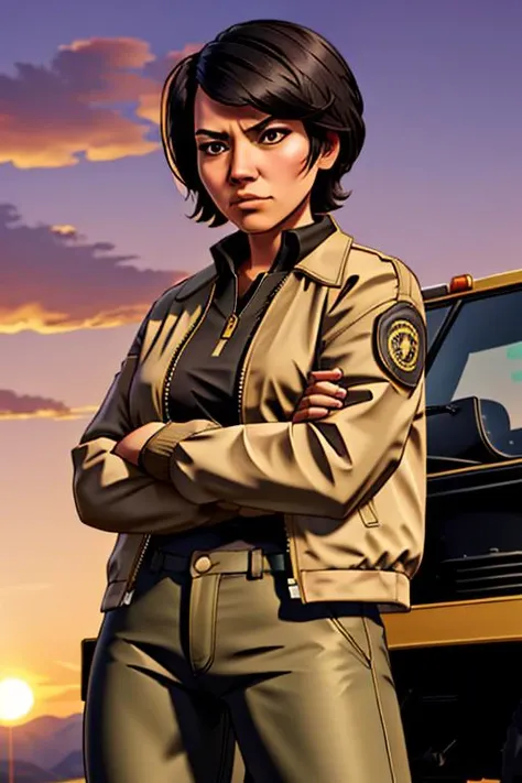 a woman in a uniform standing next to a truck