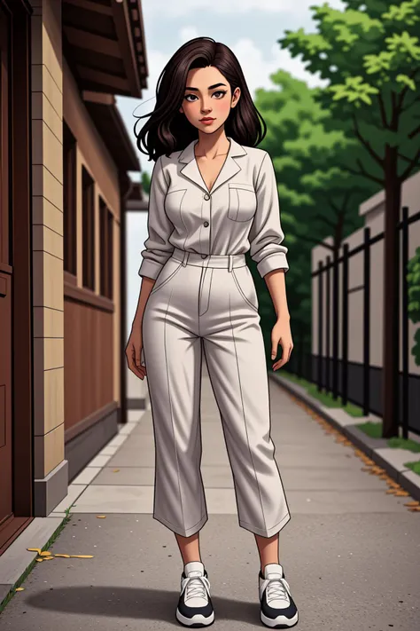 a cartoon of a woman in a suit standing on a sidewalk