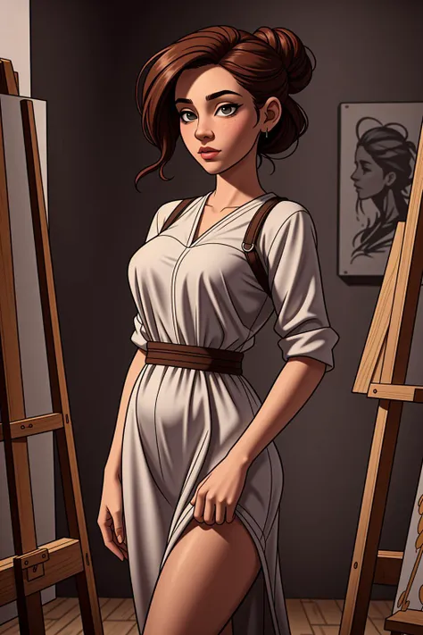 a cartoon of a woman in a dress standing next to a easel